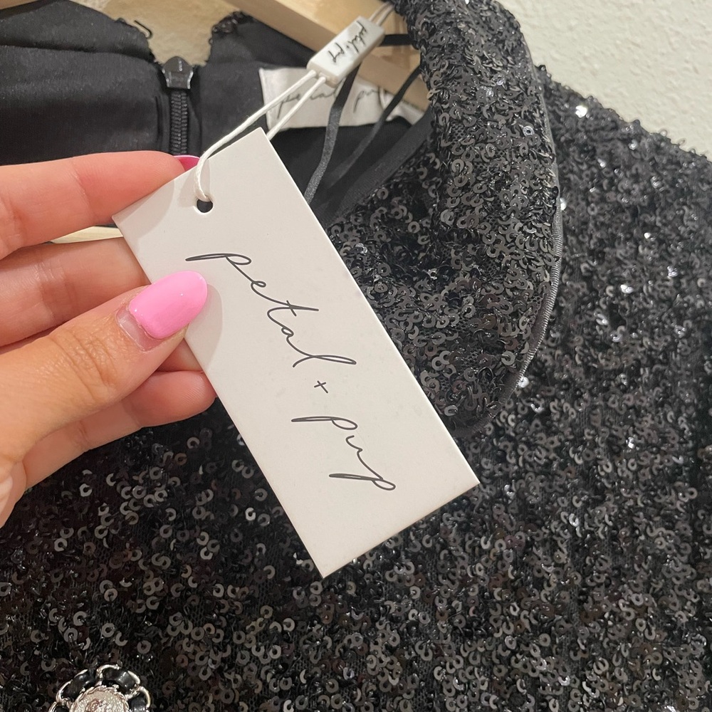 NWT Petal & Pup McKenzie Sequin Black Button Up Collar Mini Dress XS - Picture 12 of 16